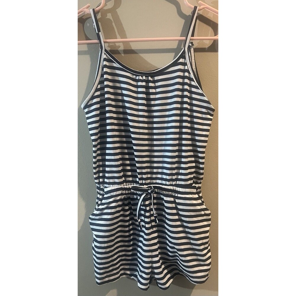 Poof Girl Striped White Blue Short Romper Jumpsuit Size 10-12 Sleeveless